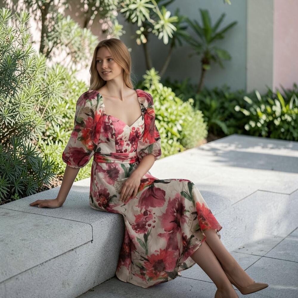 THEIA Floral Midi Dress Size 0 NWT Fuchsia Puff Sleeve Sweetheart $695